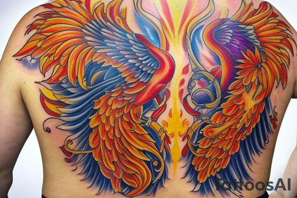 Elegant the big Red and orange phoenix with aristocratic head from the neck with two great fire wings and tale of flames and peacock feathers in shades of red, violet and yellow and a little bit green and blue. And A big zarathustra sun with gold and orange shines on the back tattoo idea