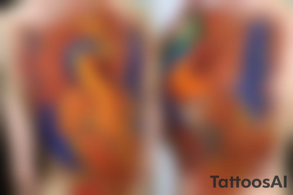 Elegant the big Red and orange phoenix with aristocratic head from the neck with two great fire wings and tale of flames and peacock feathers in shades of red, violet and yellow and a little bit green and blue. And A big zarathustra sun with gold and orange shines on the back tattoo idea