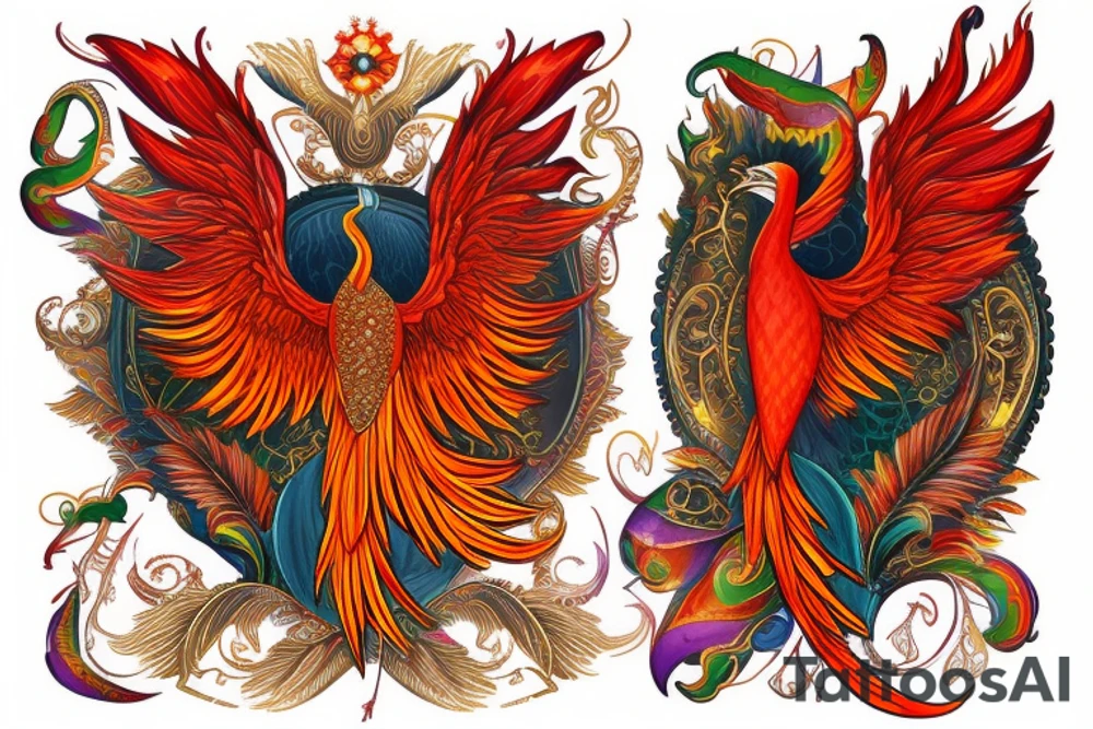 Elegant the big Red and orange phoenix with aristocratic head from the neck with two great fire wings and tale of flames and peacock feathers in shades of red, violet and and green. And A big zarathustra sun with gold and orange shines on the back tattoo idea
