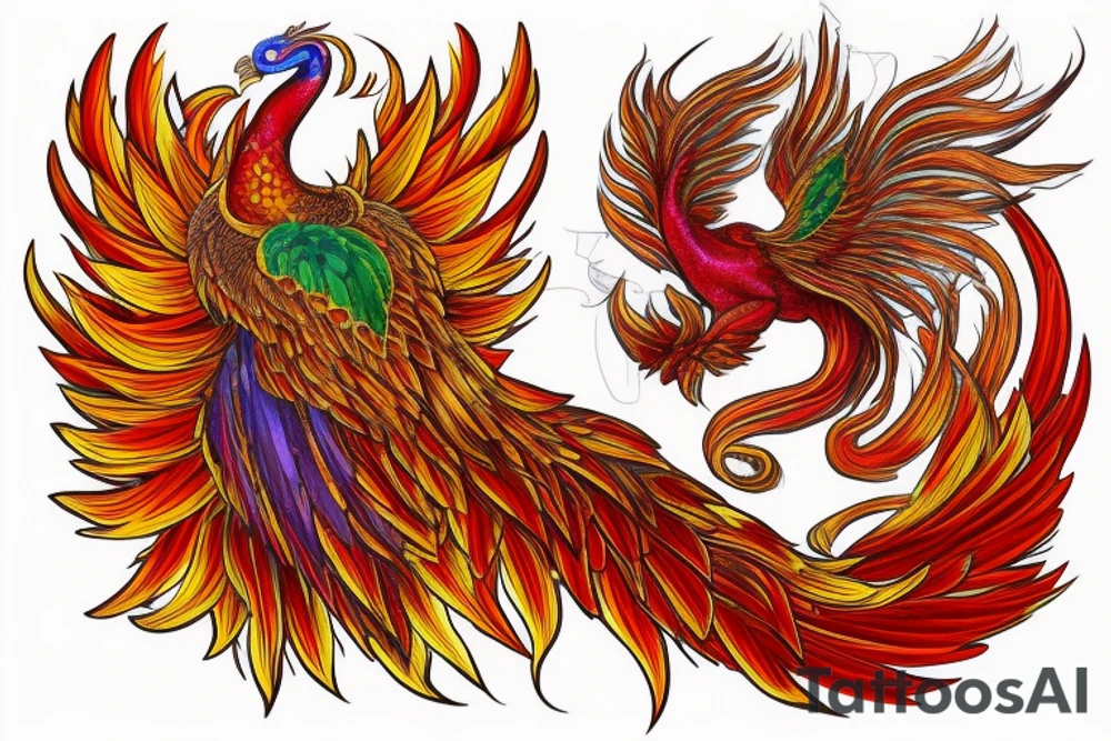 Elegant the big Red and orange phoenix with aristocratic head from the neck with two great fire wings and tale of flames and peacock feathers in shades of red, violet and and green. And A big zarathustra sun with gold and orange shines on the back tattoo idea