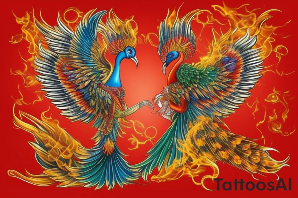 Elegant the big Red and orange phoenix with aristocratic head from the neck with two great fire wings and tale of flames and peacock feathers in shades of red, violet and and green. And A big zarathustra sun with gold and orange shines on the back tattoo idea