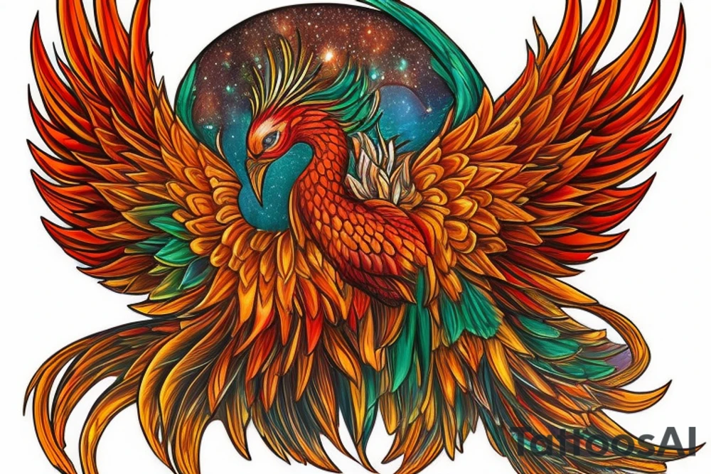 Elegant the big Red and orange phoenix with aristocratic head from the neck with two great fire wings and tale of flames and peacock feathers in shades of red, violet and and green. And A big zarathustra sun with gold and orange shines on the back tattoo idea