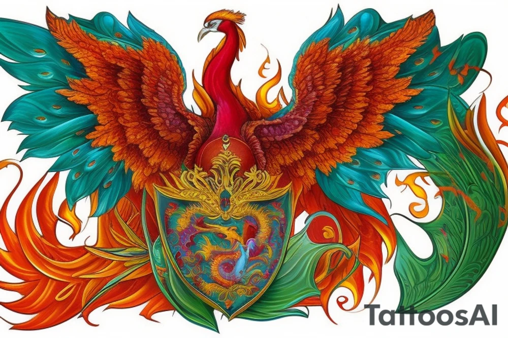 Elegant the big Red and orange phoenix with aristocratic head from the neck with two great fire wings and tale of flames and peacock feathers in shades of red, violet and and green. And A big zarathustra sun with gold and orange shines on the back tattoo idea