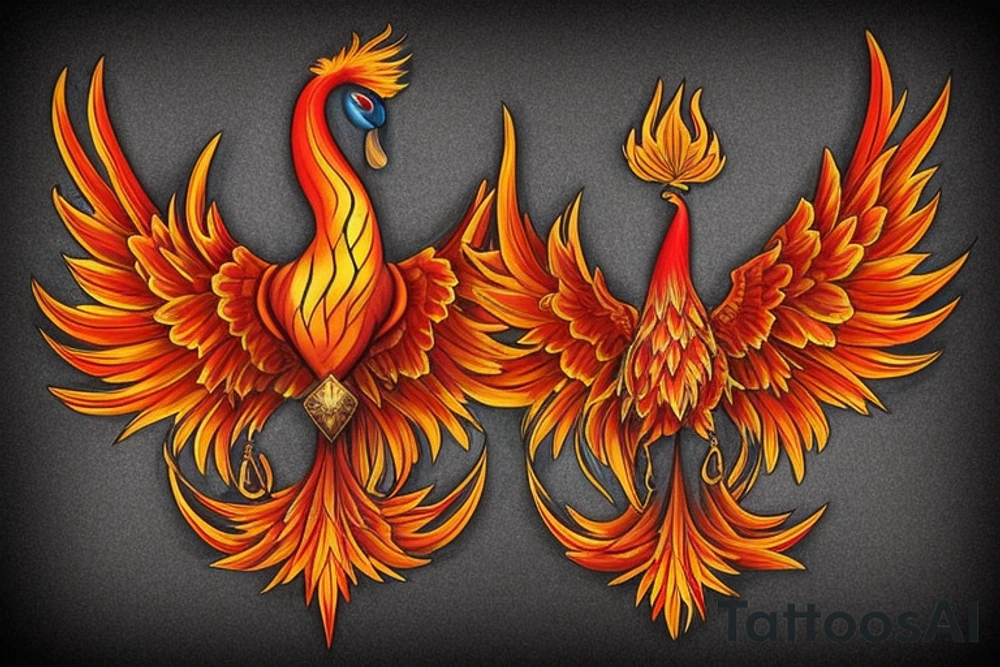 Elegant the big Red and orange phoenix with aristocratic head from the neck with two great fire wings and tale of flames and peacock feathers in shades of red, violet and and green. And A big zarathustra sun with gold and orange shines on the back tattoo idea