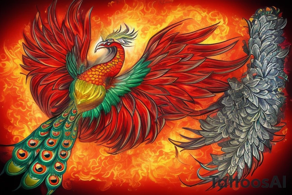 Elegant the big Red and orange phoenix with aristocratic head from the neck with two great fire wings and tale of flames and peacock feathers in shades of red and violet with green inside. And A big zarathustra sun with gold and orange shines on the back tattoo idea