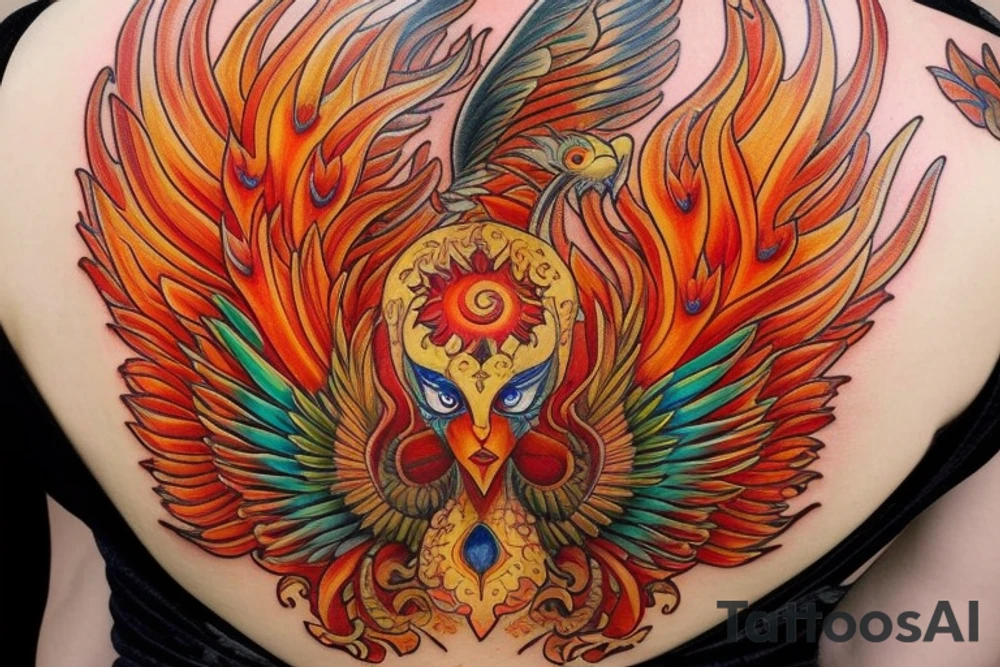 Elegant the big Red and orange phoenix with aristocratic head from the neck with two great fire wings and tale of flames and peacock feathers in shades of red and violet with green inside. And A big zarathustra sun with gold and orange shines on the back tattoo idea