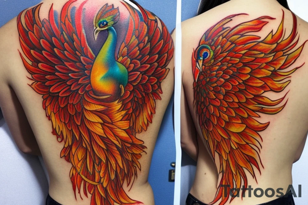 Elegant the big Red and orange phoenix with aristocratic head from the neck with two great fire wings and tale of flames and peacock feathers in shades of red and violet with green inside. And A big zarathustra sun with gold and orange shines on the back tattoo idea