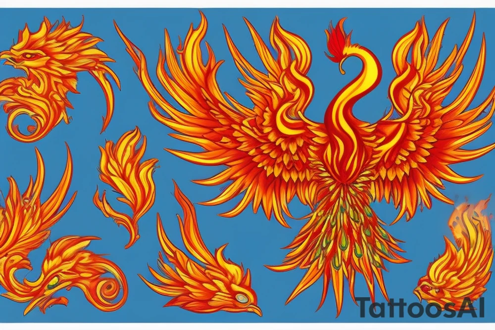Elegant the big Red and orange phoenix with aristocratic head from the neck with two great fire wings and tale of flames and peacock feathers in shades of red and violet with green inside. And A big zarathustra sun with gold and orange shines on the back tattoo idea