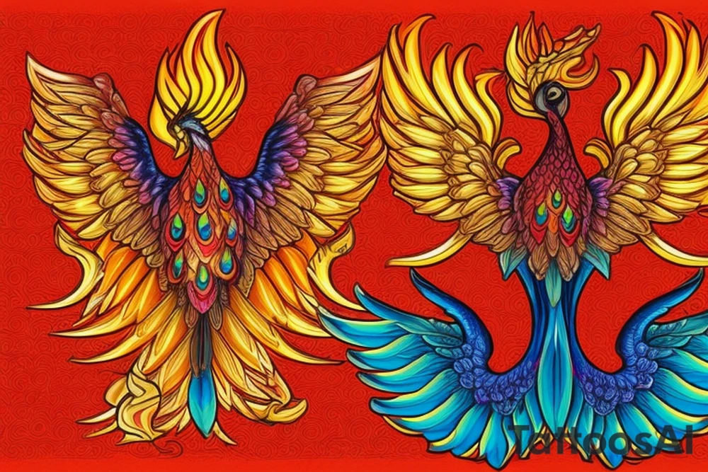 Elegant the big Red and orange phoenix with aristocratic head from the neck with two great fire wings and tale of flames and peacock feathers in shades of red and violet with green inside. And A big zarathustra sun with gold and orange shines on the back tattoo idea