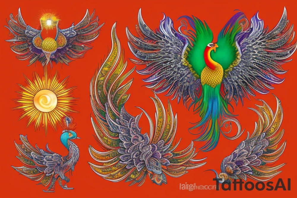 Elegant the big Red and orange phoenix with aristocratic head from the neck with two great fire wings and tale of flames and peacock feathers in shades of red and violet with green inside. And A big zarathustra sun with gold and orange shines on the back tattoo idea