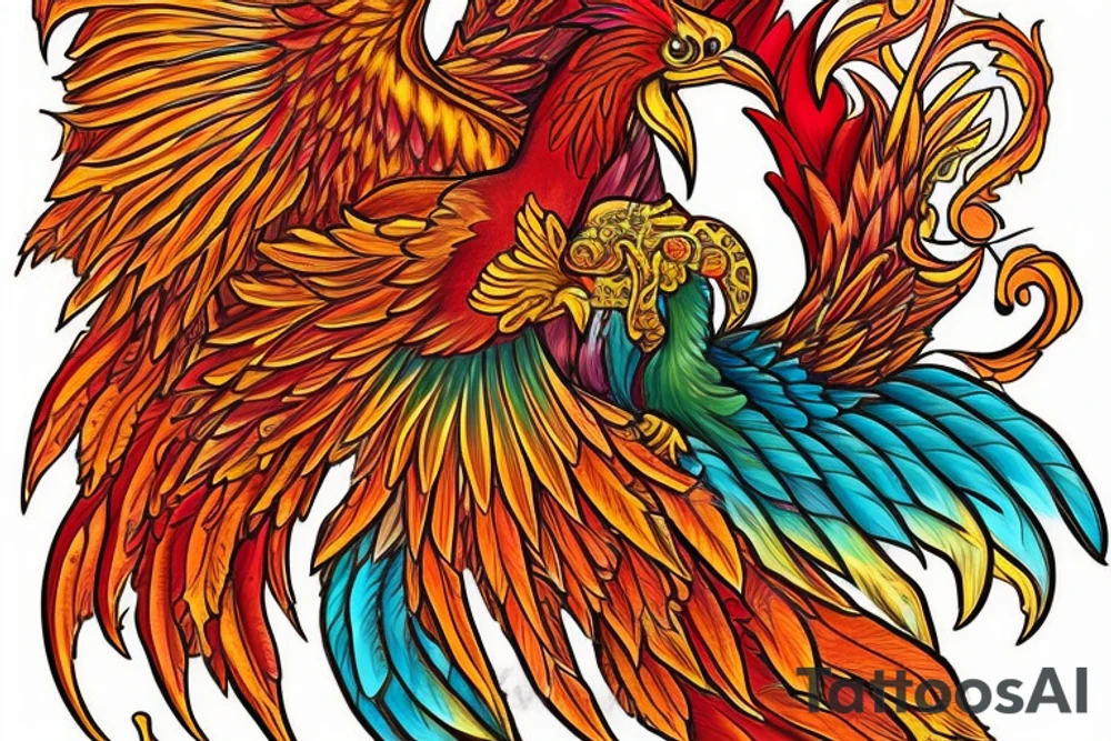 Elegant the big Red and orange phoenix with aristocratic head from the neck with two great fire wings and tale of flames and peacock feathers in shades of red and violet with green inside. And A big zarathustra sun with gold and orange shines on the back tattoo idea