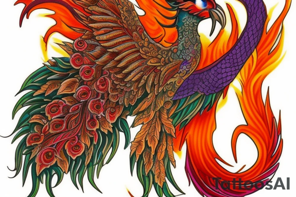 Elegant the big Red and orange phoenix with aristocratic head from the neck with two great fire wings and tale of flames and peacock feathers in shades of red and violet with green inside. And A big zarathustra sun with gold and orange shines on the back tattoo idea