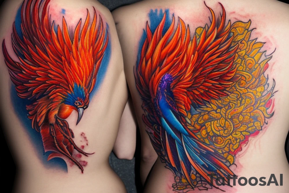 the big Red and orange phoenix from the neck with two great wings made of fire and tale of flames and peacock feathers in shades of red, violet and yellow and contrast inner part of the feathers in green and blue. And big zarathustra sun with gold and orange shines on the back and red frames tattoo idea