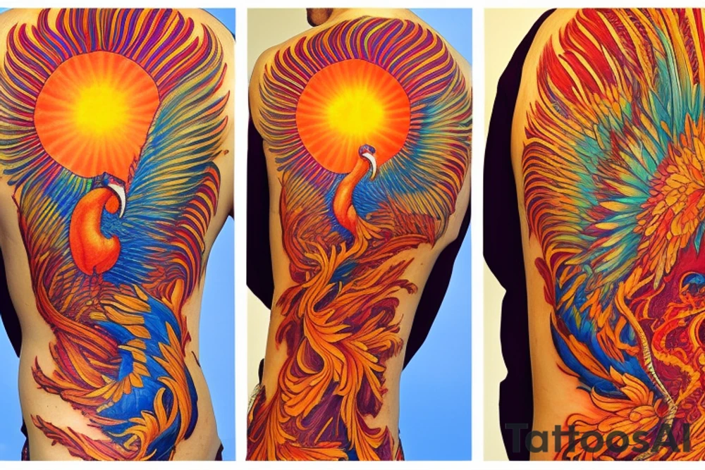 the big Red and orange phoenix from the neck with two great wings made of fire and tale of flames and peacock feathers in shades of red, violet and yellow and contrast inner part of the feathers in green and blue. And big zarathustra sun with gold and orange shines on the back and red frames tattoo idea