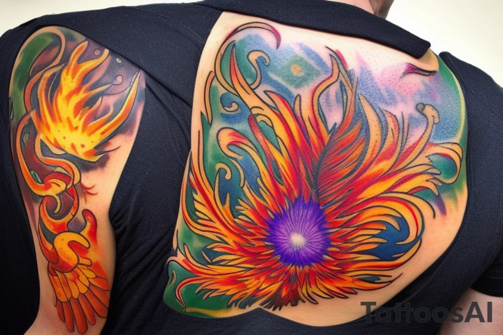 the big Red and orange phoenix from the neck with two great wings made of fire and tale of flames and peacock feathers in shades of red, violet and yellow and contrast inner part of the feathers in green and blue. And big zarathustra sun with gold and orange shines on the back and red frames tattoo idea