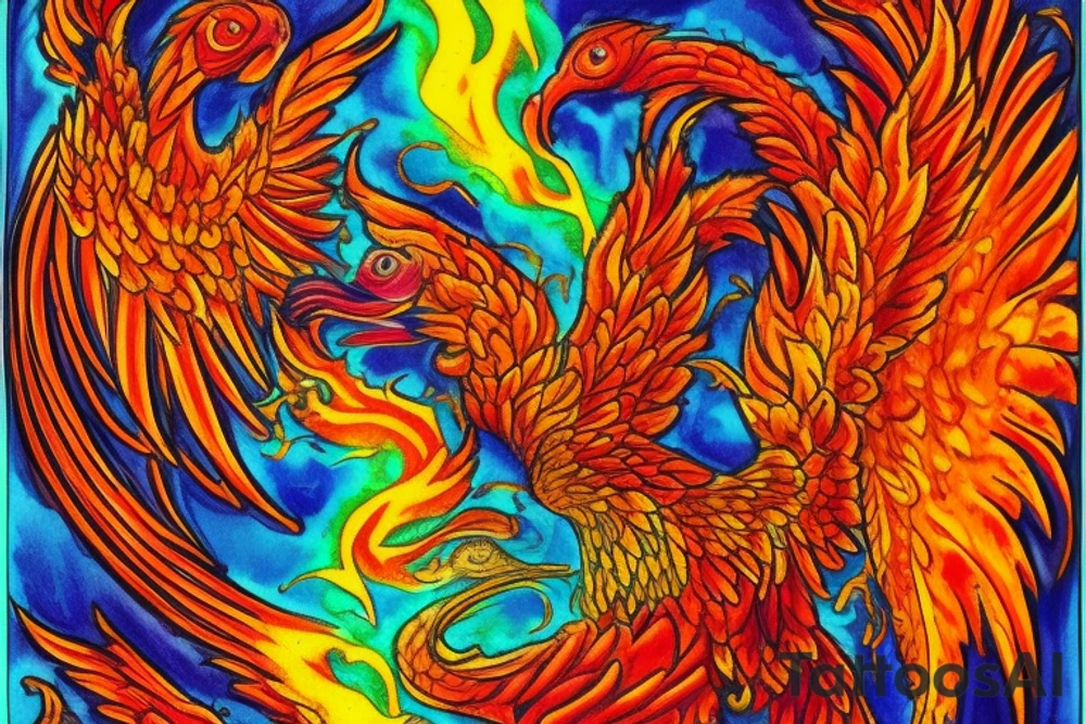 the big Red and orange phoenix from the neck with two great wings made of fire and tale of flames and peacock feathers in shades of red, violet and yellow and contrast inner part of the feathers in green and blue. And big zarathustra sun with gold and orange shines on the back and red frames tattoo idea