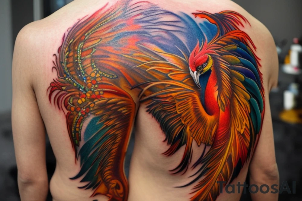 the big Red and orange phoenix from the neck with two great wings made of fire and tale of flames and peacock feathers in shades of red, violet and yellow and contrast inner part of the feathers in green and blue. And big zarathustra sun with gold and orange shines on the back and red frames tattoo idea