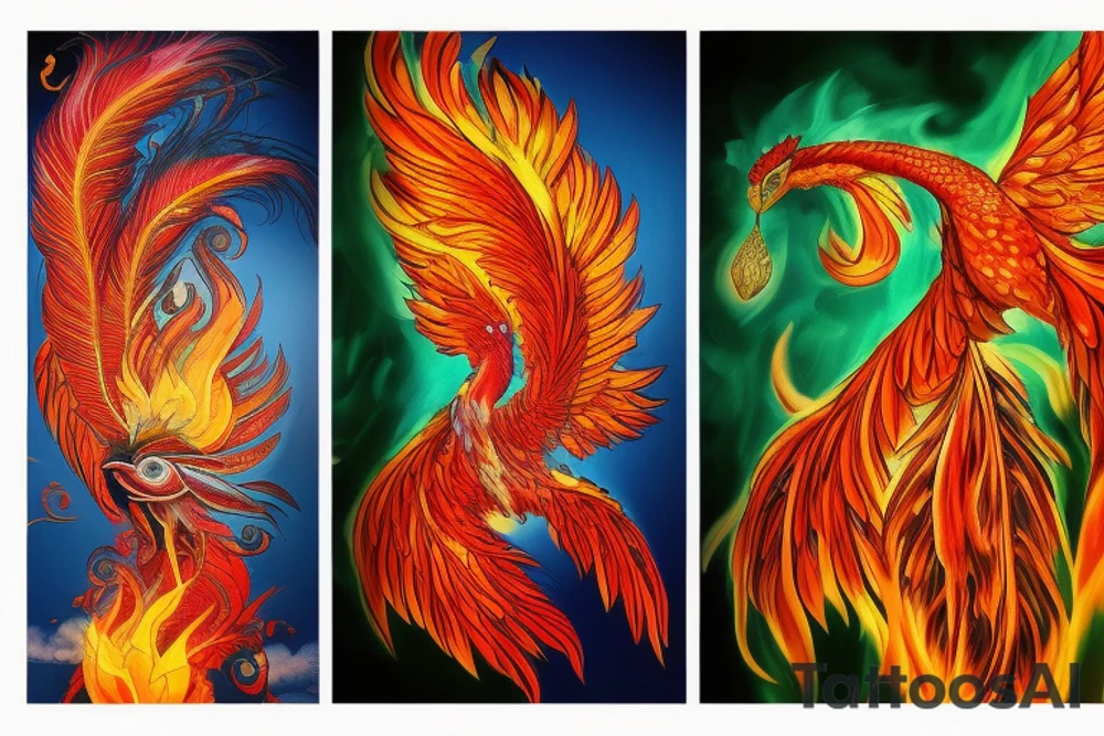 the big Red and orange phoenix from the neck with two great wings made of fire and tale of flames and peacock feathers in shades of red, violet and yellow and contrast inner part of the feathers in green and blue. And big zarathustra sun with gold and orange shines on the back and red frames tattoo idea