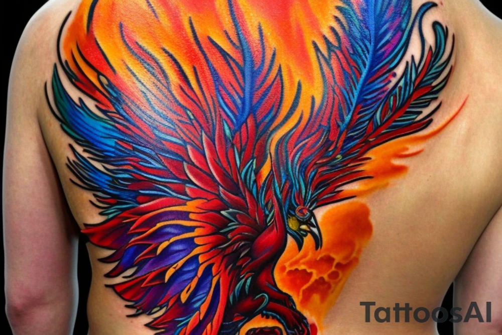 the big Red and orange phoenix from the neck with two great wings made of fire and tale of flames and peacock feathers in shades of red, violet and yellow and contrast inner part of the feathers in green and blue. And big zarathustra sun with gold and orange shines on the back and red frames tattoo idea