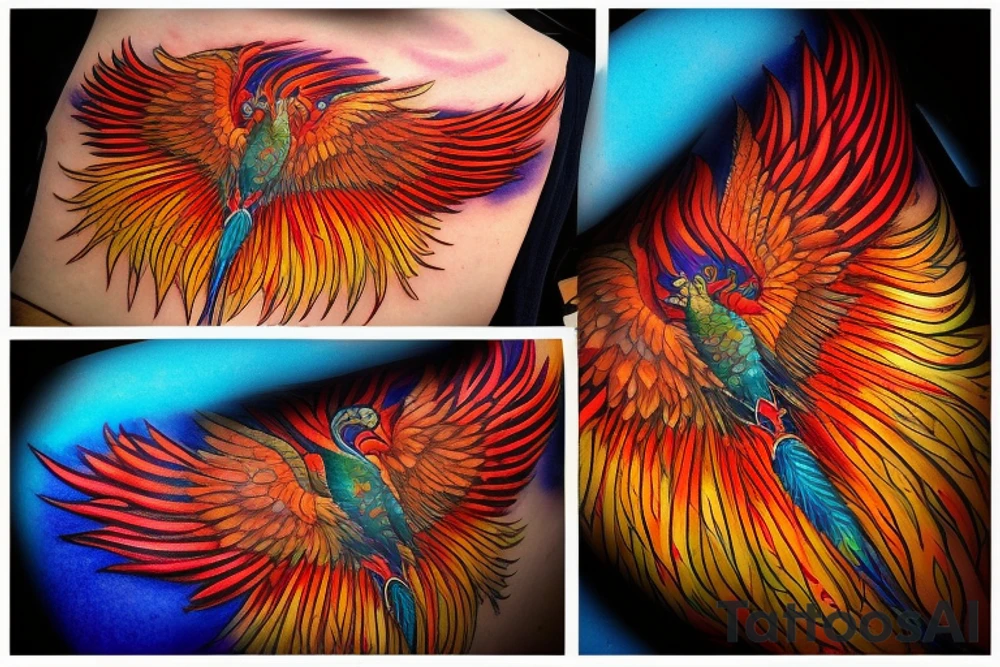 the big Red and orange phoenix from the neck with two great wings made of fire and tale of flames and peacock feathers in shades of red, violet and yellow and contrast inner part of the feathers in green and blue. And big zarathustra sun with gold and orange shines on the back and red frames tattoo idea