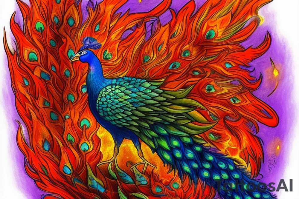 the big Red and orange phoenix from the neck with two great wings made of fire and tale of flames and peacock feathers in shades of red, violet and yellow and contrast inner part of the feathers in green and blue. And big zarathustra sun with gold and orange shines on the back and red frames tattoo idea