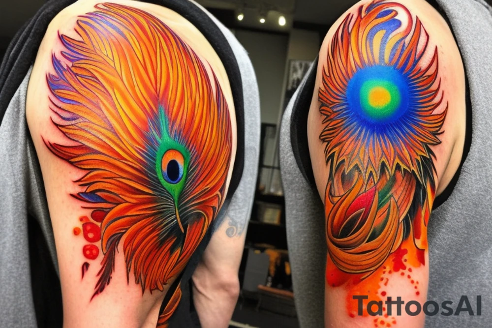 the big Red and orange phoenix from the neck with two great wings made of fire and tale of flames and peacock feathers in shades of red, violet and yellow and contrast inner part of the feathers in green and blue. And big zarathustra sun with gold and orange shines on the back and red frames tattoo idea