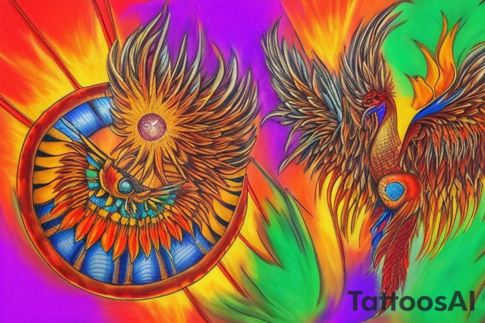 the big Red and orange phoenix from the neck with two great wings made of fire and tale of flames and peacock feathers in shades of red, violet and yellow and contrast inner part of the feathers in green and blue. And big zarathustra sun with gold and orange shines on the back and red frames tattoo idea