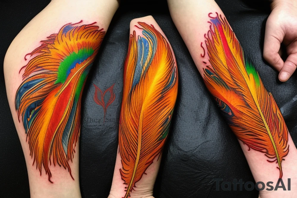 the big Red and orange phoenix from the neck with two great wings made of fire and tale of flames and peacock feathers in shades of red, violet and yellow and contrast inner part of the feathers in green and blue. And big zarathustra sun with gold and orange shines on the back and red frames tattoo idea