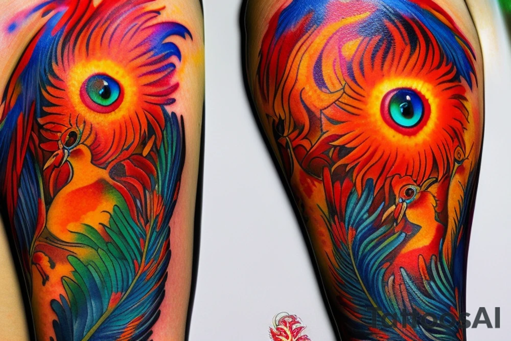 the big Red and orange phoenix from the neck with two great wings made of fire and tale of flames and peacock feathers in shades of red, violet and yellow and contrast inner part of the feathers in green and blue. And big zarathustra sun with gold and orange shines on the back and red frames tattoo idea