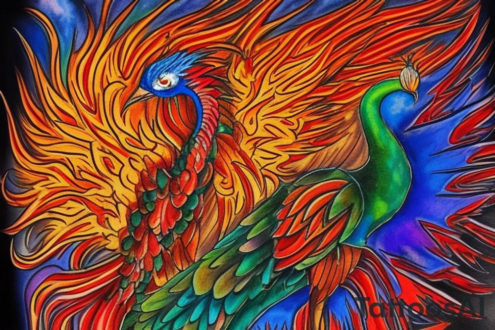 the big Red and orange phoenix from the neck with two great wings made of fire and tale of flames and peacock feathers in shades of red, violet and yellow and contrast inner part of the feathers in green and blue. And big zarathustra sun with gold and orange shines on the back and red frames tattoo idea