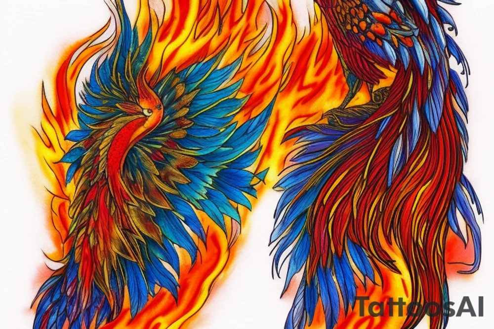 the big Red and orange phoenix from the neck with two great wings made of fire and tale of flames and peacock feathers in shades of red, violet and yellow and contrast inner part of the feathers in green and blue. And big zarathustra sun with gold and orange shines on the back and red frames tattoo idea
