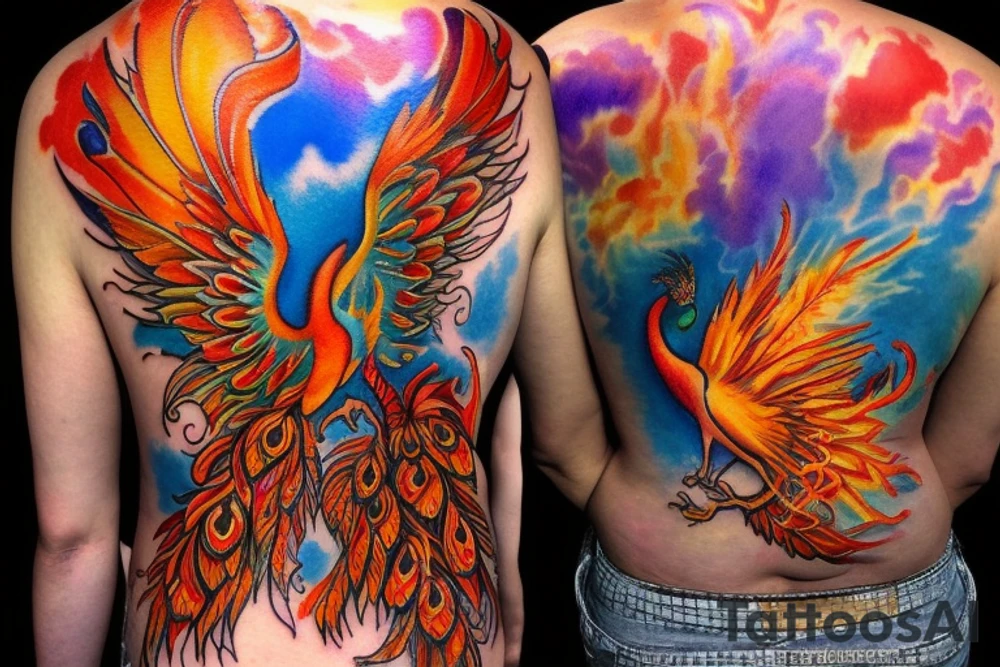 the big Red and orange phoenix from the neck with two great wings made of fire and tale of flames and peacock feathers in shades of red, violet and yellow and contrast inner part of the feathers in green and blue. And big zarathustra sun with gold and orange shines on the back and red frames tattoo idea