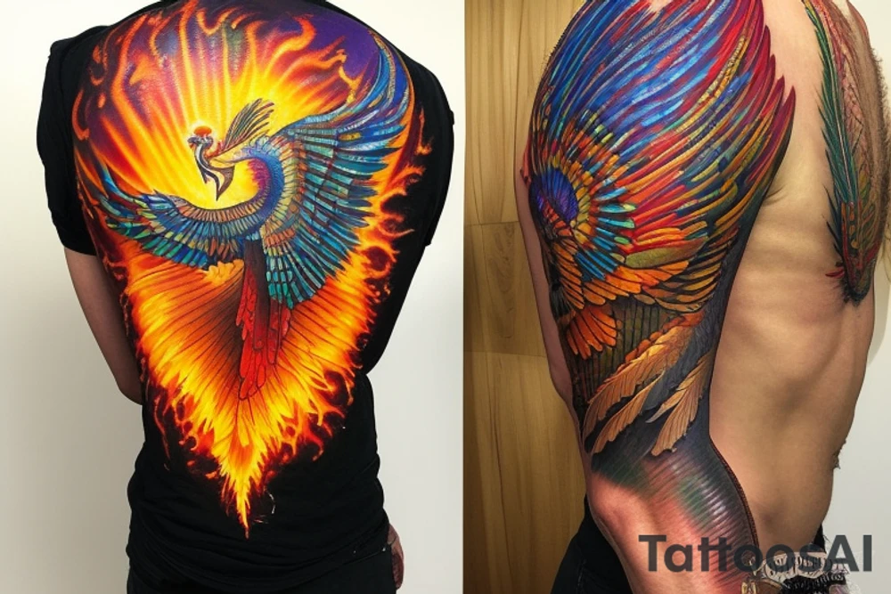 the big phoenix, view from the neck, with two great wings made of fire and tale of flames and peacock feathers. And big Egyptian sun with gold and orange shines on the backside. 
All in shades of red, violet and yellow and contrast inner part of the feathers in green and blue tattoo idea