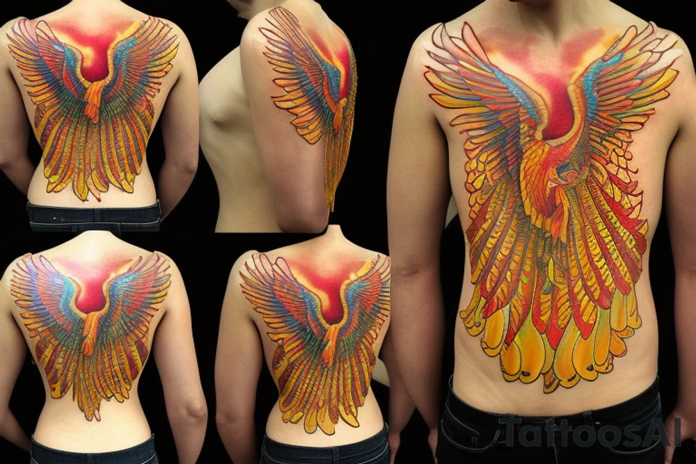 the big phoenix, view from the neck, with two great wings made of fire and tale of flames and peacock feathers. And big Egyptian sun with gold and orange shines on the backside. 
All in shades of red, violet and yellow and contrast inner part of the feathers in green and blue tattoo idea