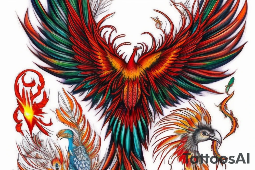 Sun in red frame and big phoenix, view from the neck, with two great wings made of fire and tale of flames and peacock feathers. 
All in shades of red, violet and yellow and contrast inner part of the feathers in green and blue tattoo idea