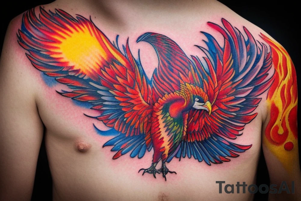Sun in red frame and big phoenix, view from the neck, with two great wings made of fire and tale of flames and peacock feathers. 
All in shades of red, violet and yellow and contrast inner part of the feathers in green and blue tattoo idea