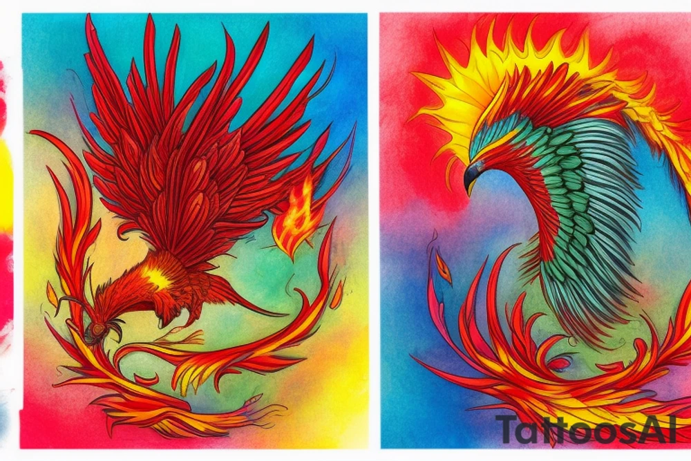 Sun in red frame and big phoenix, view from the neck, with two great wings made of fire and tale of flames and peacock feathers. 
All in shades of red, violet and yellow and contrast inner part of the feathers in green and blue tattoo idea