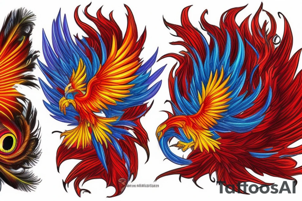 Sun in red frame and big phoenix, view from the neck, with two great wings made of fire and tale of flames and peacock feathers. 
All in shades of red, violet and yellow and contrast inner part of the feathers in green and blue tattoo idea