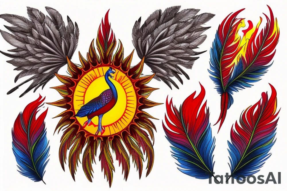 Sun in red frame and big phoenix, view from the neck, with two great wings made of fire and tale of flames and peacock feathers. 
All in shades of red, violet and yellow and contrast inner part of the feathers in green and blue tattoo idea