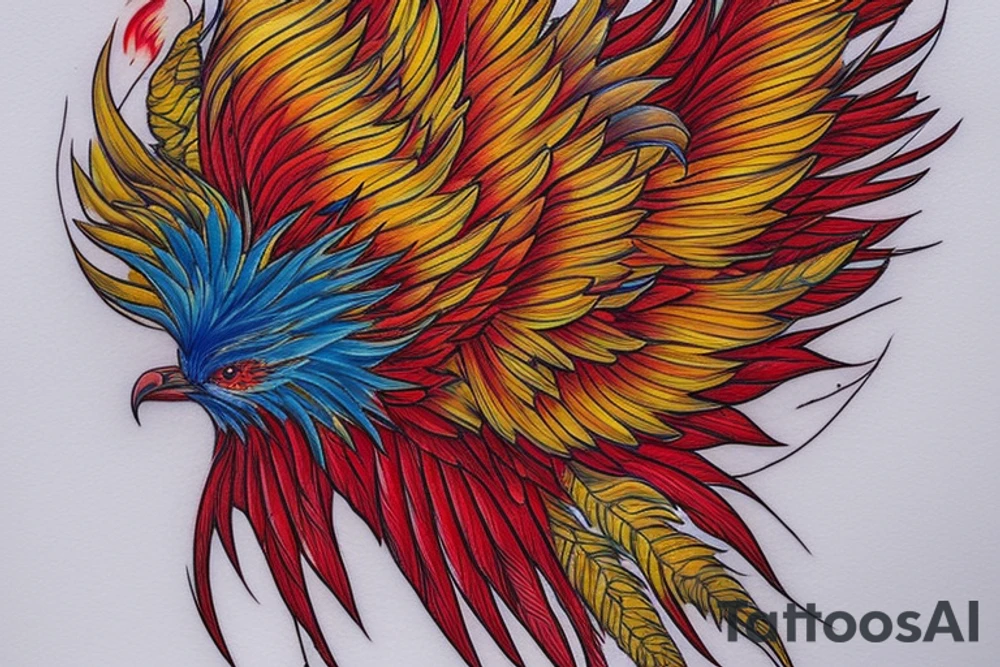 Sun in red frame and big phoenix, view from the neck, with two great wings made of fire and tale of flames and peacock feathers. 
All in shades of red, violet and yellow and contrast inner part of the feathers in green and blue tattoo idea