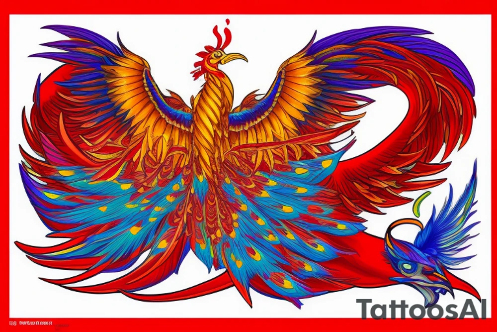 Sun in red frame and big phoenix, view from the neck, with two great wings made of fire and tale of flames and peacock feathers. 
All in shades of red, violet and yellow and contrast inner part of the feathers in green and blue tattoo idea