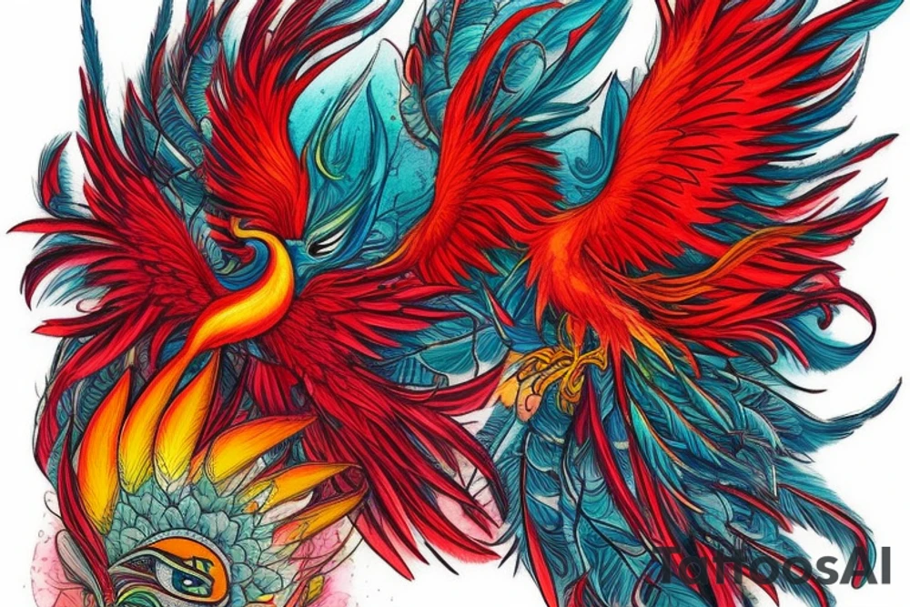 Sun in red frame and big phoenix, view from the neck, with two great wings made of fire and tale of flames and peacock feathers. 
All in shades of red, violet and yellow and contrast inner part of the feathers in green and blue tattoo idea