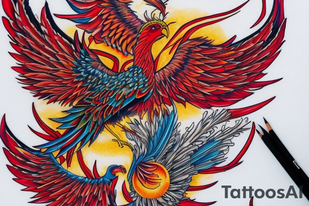 Sun in red frame and big phoenix, view from the neck, with two great wings made of fire and tale of flames and peacock feathers. 
All in shades of red, violet and yellow and contrast inner part of the feathers in green and blue tattoo idea