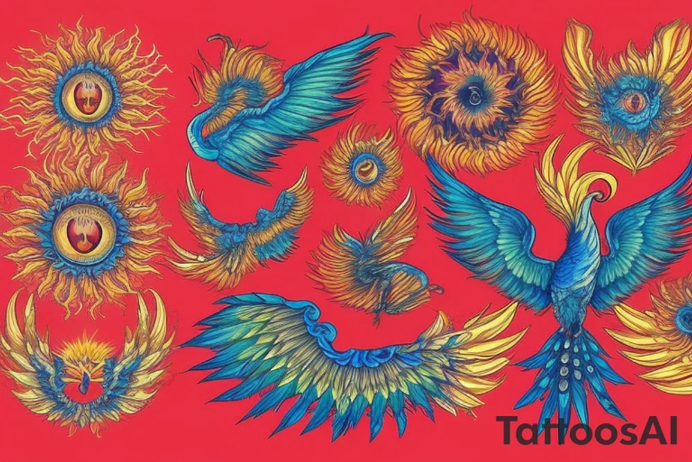 Sun in red frame and big phoenix, view from the neck, with two great wings made of fire and tale of flames and peacock feathers. 
All in shades of red, violet and yellow and contrast inner part of the feathers in green and blue tattoo idea