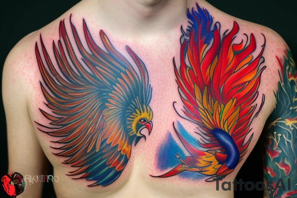 Sun in red frame and big phoenix, view from the neck, with two great wings made of fire and tale of flames and peacock feathers. 
All in shades of red, violet and yellow and contrast inner part of the feathers in green and blue tattoo idea