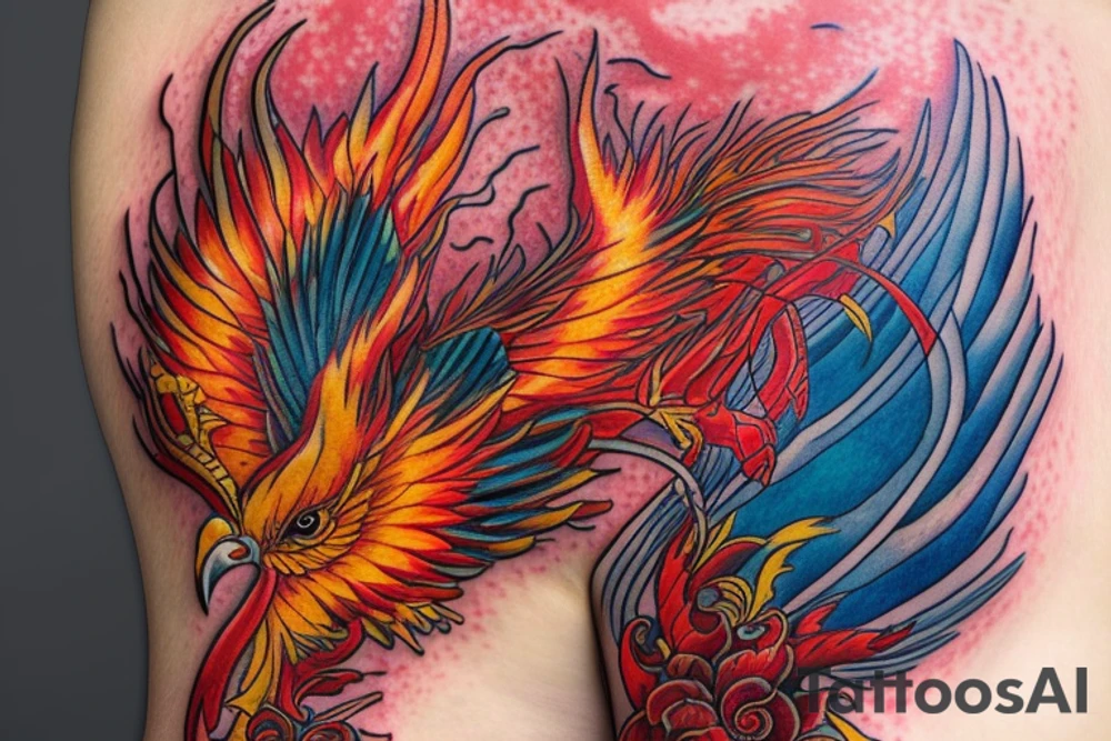 Sun in red frame and big phoenix, view from the neck, with two great wings made of fire and tale of flames and peacock feathers. 
All in shades of red, violet and yellow and contrast inner part of the feathers in green and blue tattoo idea