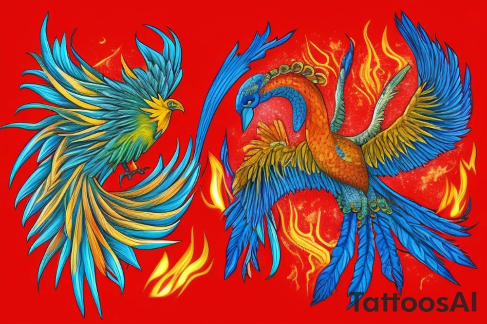 Sun in red frame and big phoenix, view from the neck, with two great wings made of fire and tale of flames and peacock feathers. 
All in shades of red, violet and yellow and contrast inner part of the feathers in green and blue tattoo idea