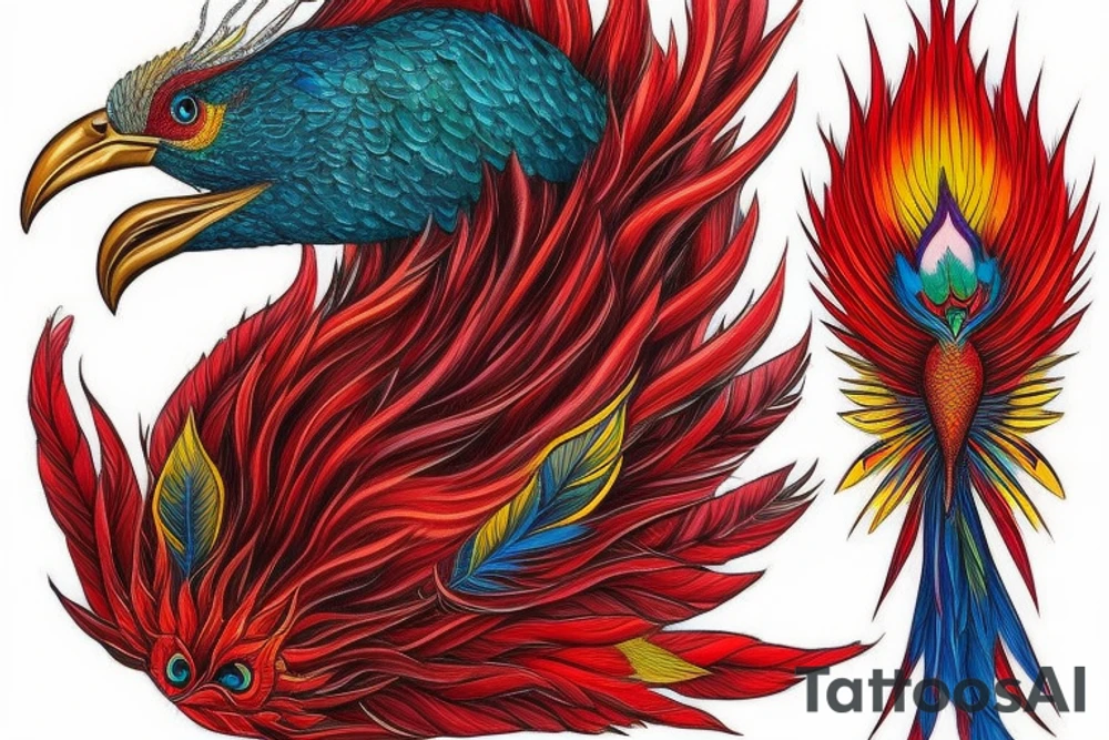 Sun in red frame and big phoenix, view from the neck, with two great wings made of fire and tale of flames and peacock feathers. 
All in shades of red, violet and yellow and contrast inner part of the feathers in green and blue tattoo idea