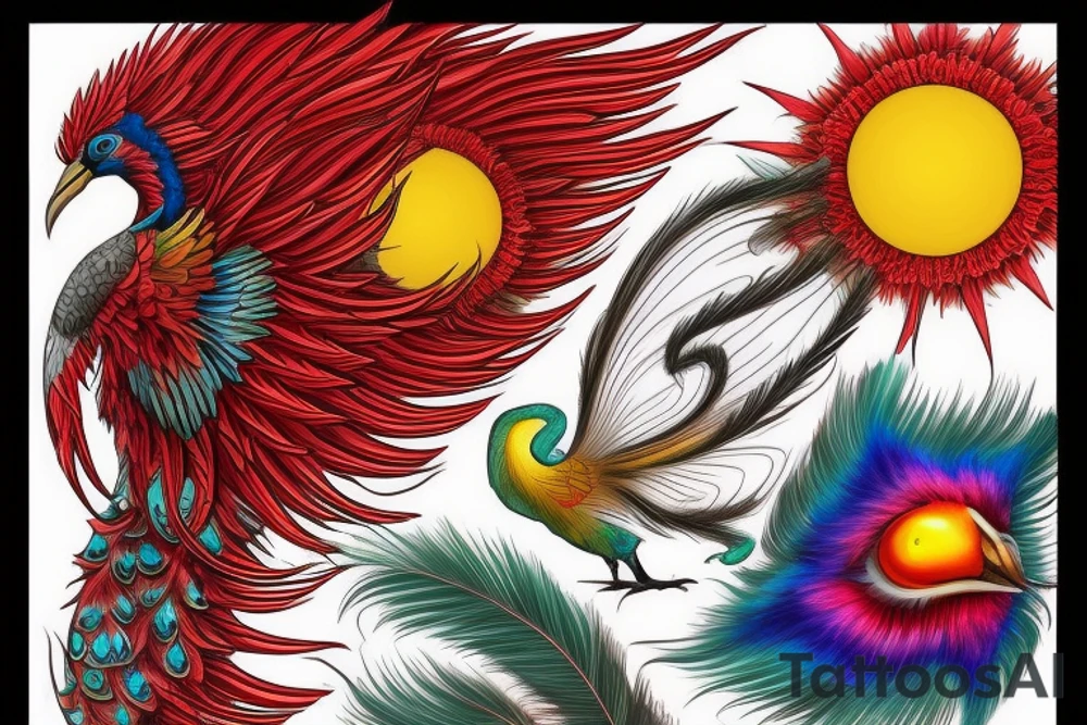Sun in red frame and big phoenix, view from the neck, with two great wings made of fire and tale of flames and peacock feathers. 
All in shades of red, violet and yellow and contrast inner part of the feathers in green and blue tattoo idea