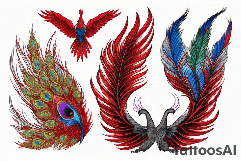 Sun in red frame and big phoenix, view from the neck, with two great wings made of fire and tale of flames and peacock feathers. 
All in shades of red, violet and yellow and contrast inner part of the feathers in green and blue tattoo idea